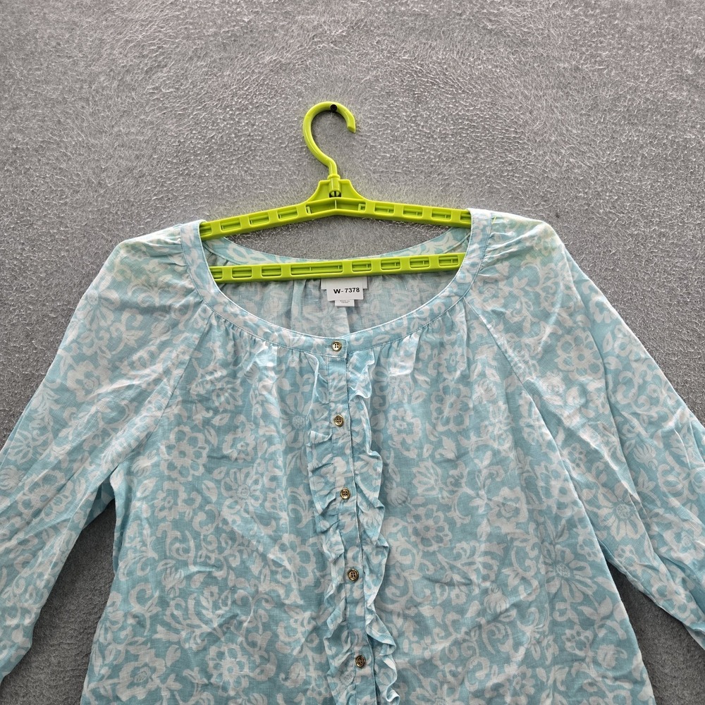 Charter Club Women Blouse L Light Blue Linen Floral Button Ruffle Scoop Neck - Picture 3 of 7